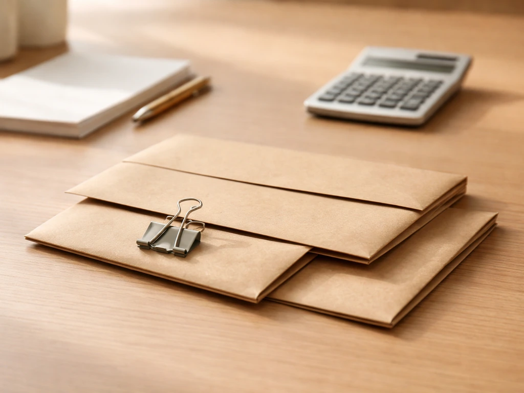 Minimal desk scene with three stacked envelopes and a blurred calculator, symbolizing a low/base/high estimate range.