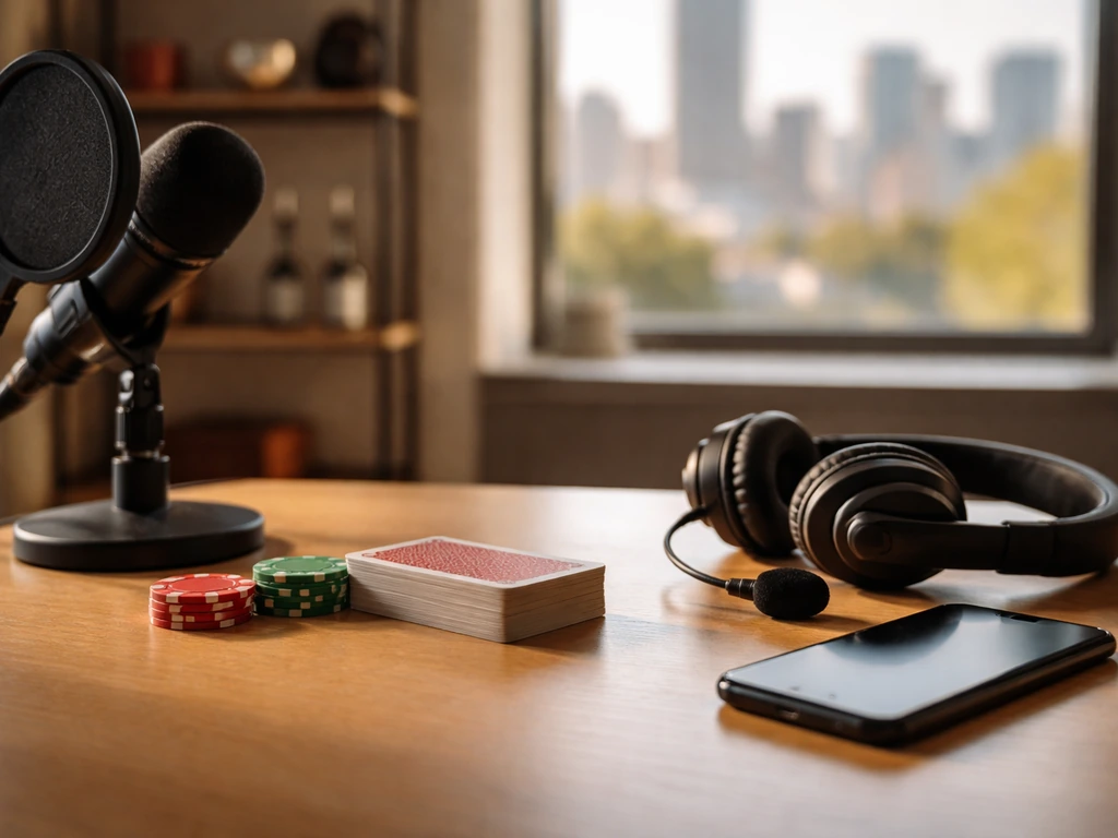 Podcast microphone beside poker chips and cards on a clean desk with a softly blurred sports-media background.