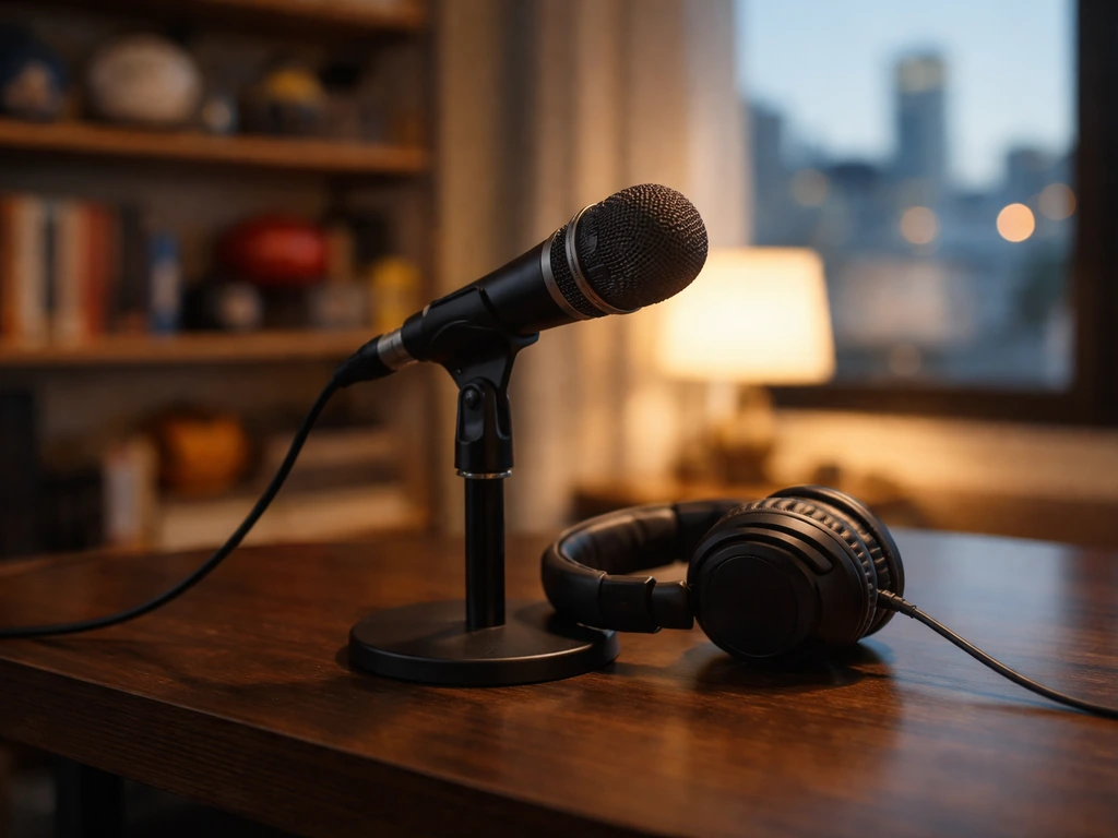 Minimal studio-style scene with a microphone and warm desk lighting suggesting sports media and wealth curiosity