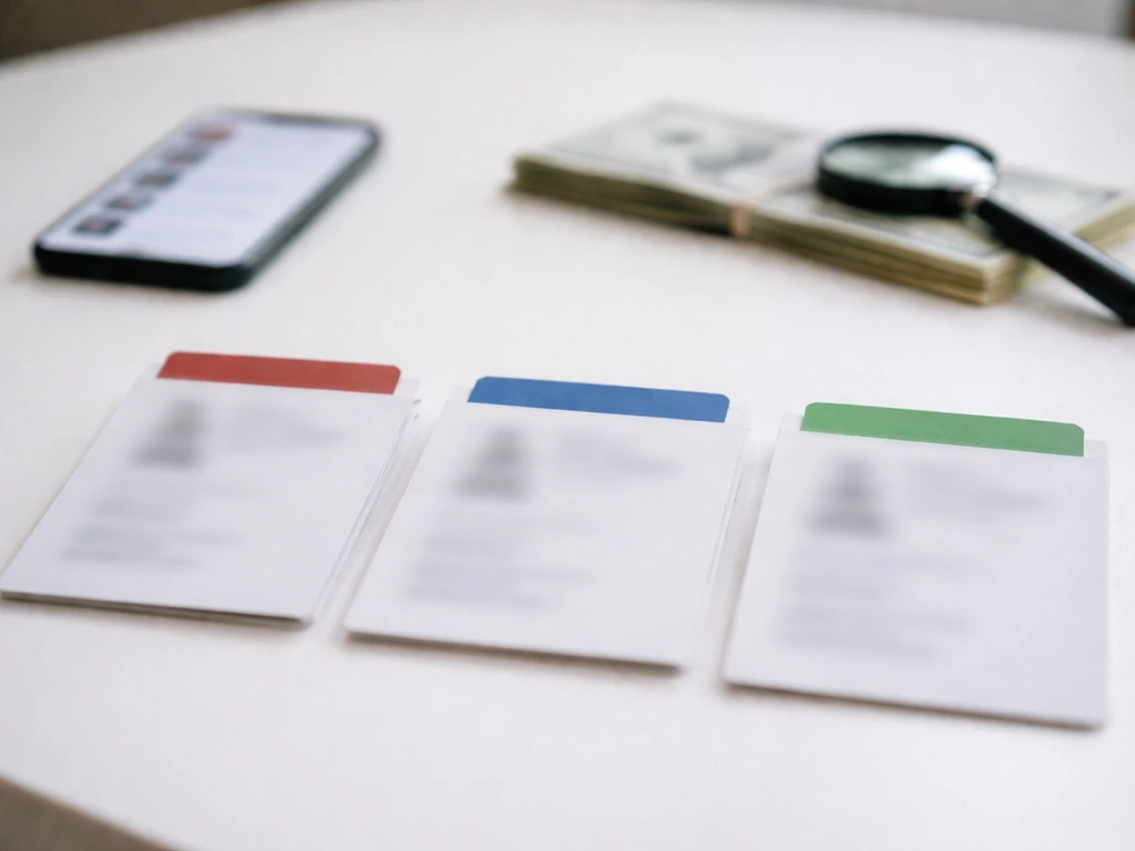 Minimal desk scene with three colored folders, a magnifying glass, cash, and a phone blurred for identity mixups.
