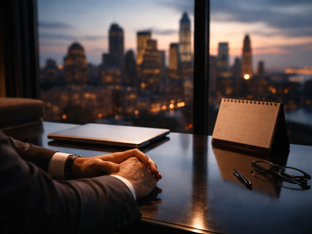 Anonymous finance workspace with laptop and blurred NYC skyline, suggesting hedge-fund investment context.
