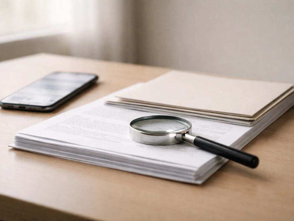 Desk with documents, magnifying glass, and a phone used to verify information without readable text.