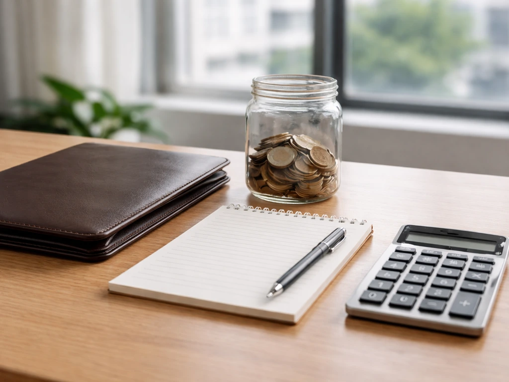 Minimal office desk with coins, calculator, and blank notepad symbolizing assets minus liabilities.