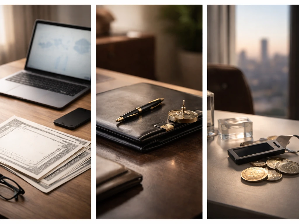 Three minimal photo panels: finance laptop, private office investment tools, and crypto hardware with coins.