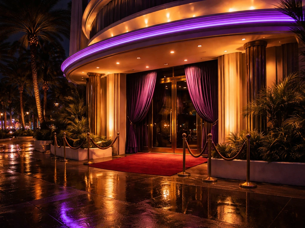 Luxury Miami nightclub entrance at night with glowing lights, hinting at high-profile hospitality and wealth interest.