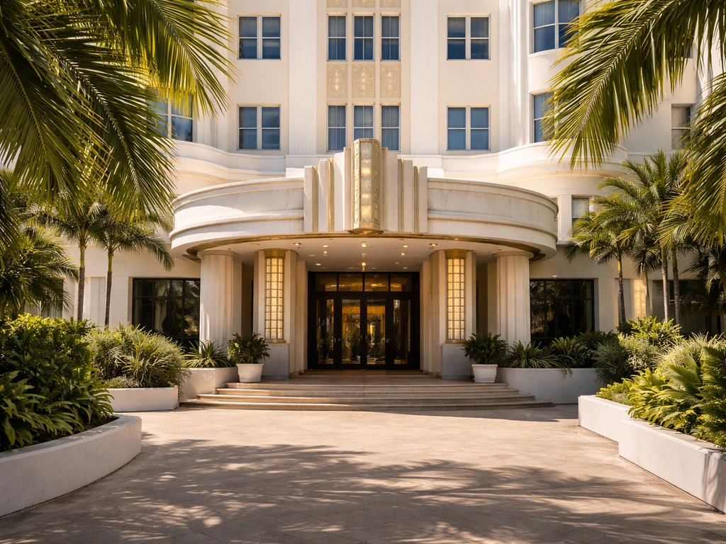 Sunlit Miami Beach luxury hotel facade with palm trees, symbolizing real estate assets