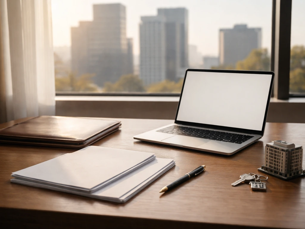 Minimal photo of a private equity real estate desk scene with documents, a laptop, and a city view.