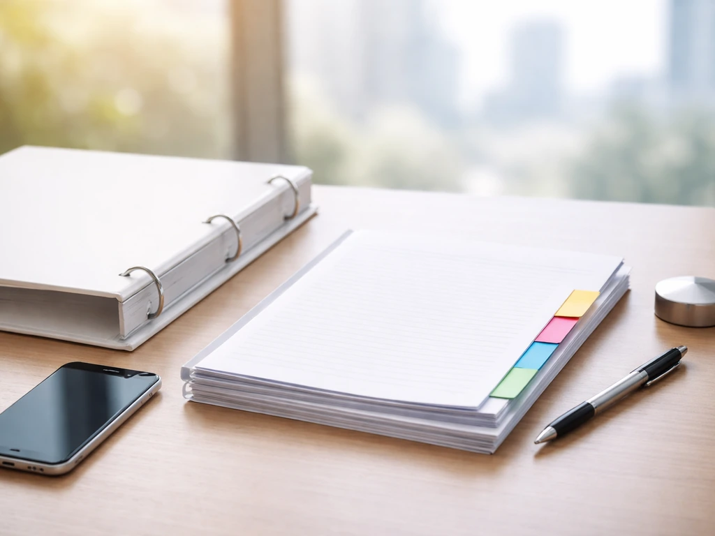 Minimal office desk with open binder and blank-tab documents suggesting source reliability.