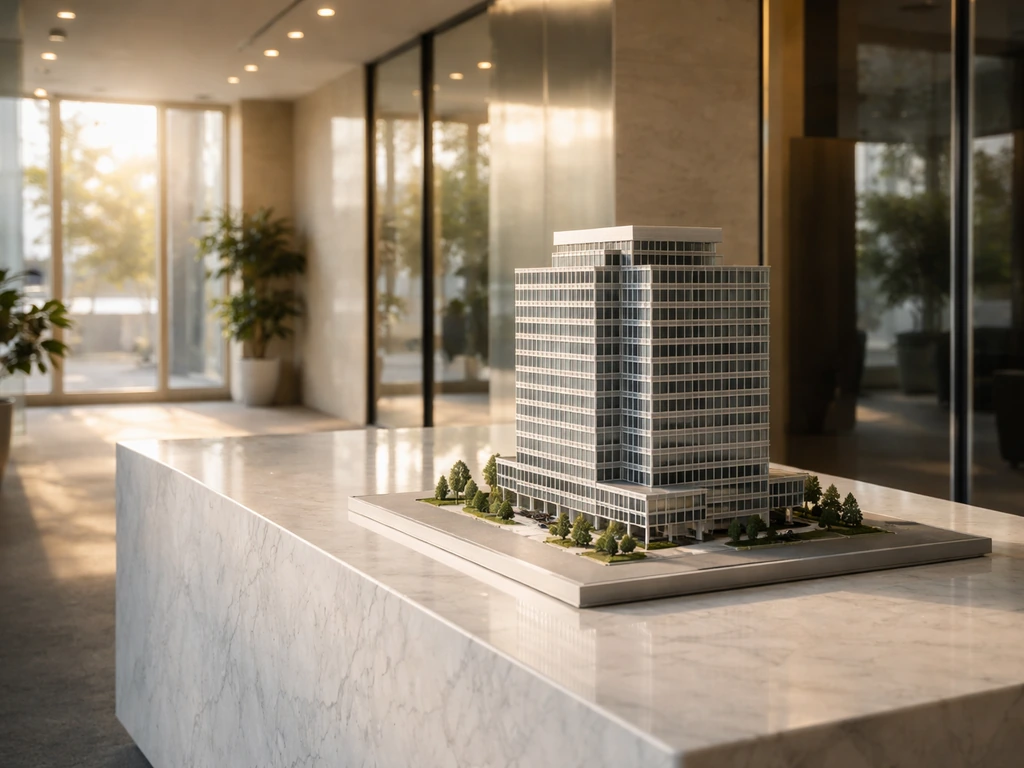 Sunlit modern office lobby with a single marble desk and an architectural model hinting at a real-estate fund.