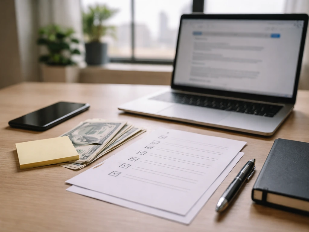 Minimal desk scene with phone, laptop, and blank check-mark papers suggesting verifying online claims.